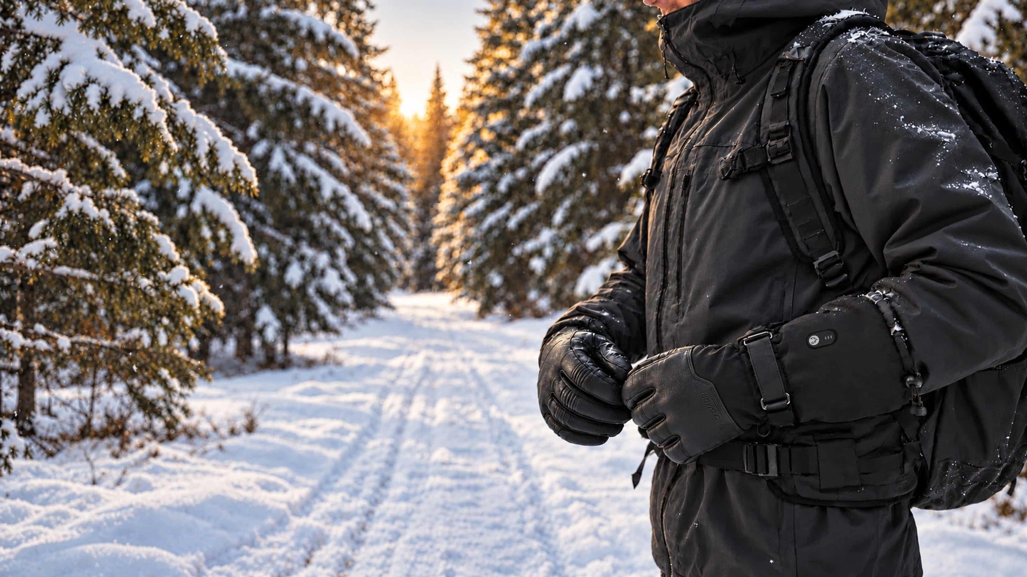 Person wearing black Arcfomor heated gloves on a snowy forest trail.